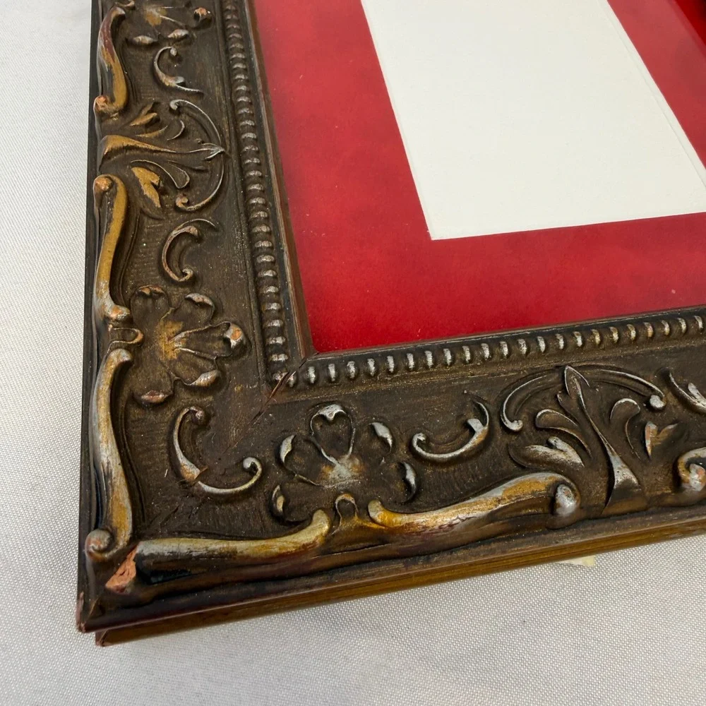 Vintage Ornate Baroque Bronze Gold Picture Frame Red Velvet Mat 8x9.25